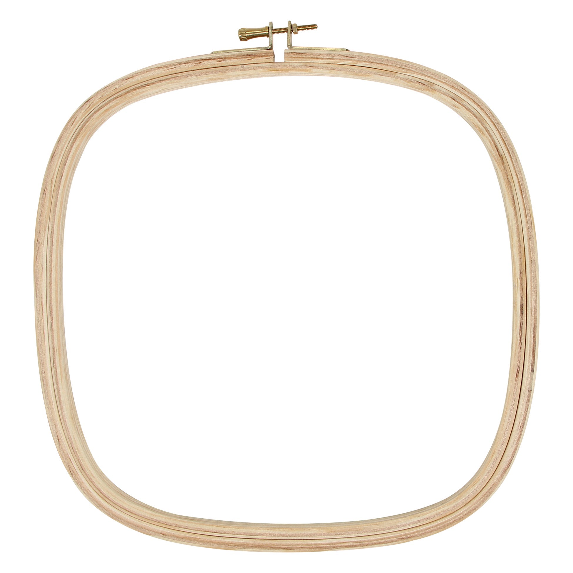 Rounded square wooden embroidery hoop.