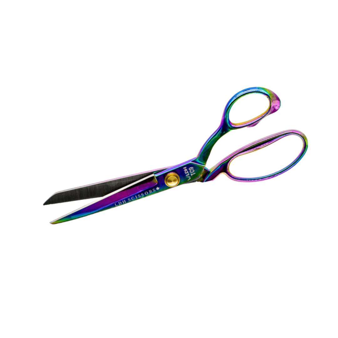 Iridescent coloured fabric shears.