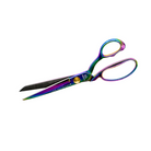 Iridescent coloured fabric shears.