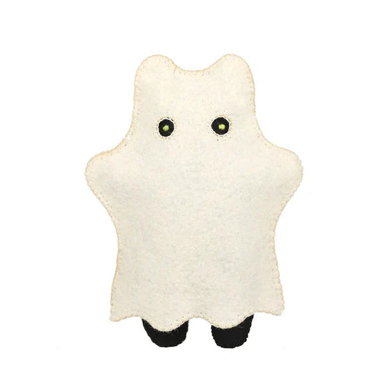 White plush ghost toy with black eyes on a white background