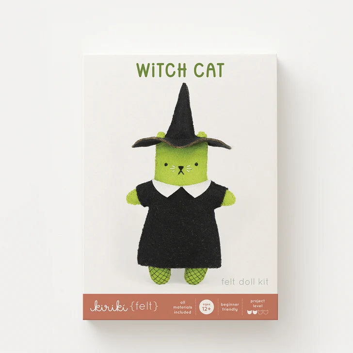 Witch cat felt doll kit packaging on a white background