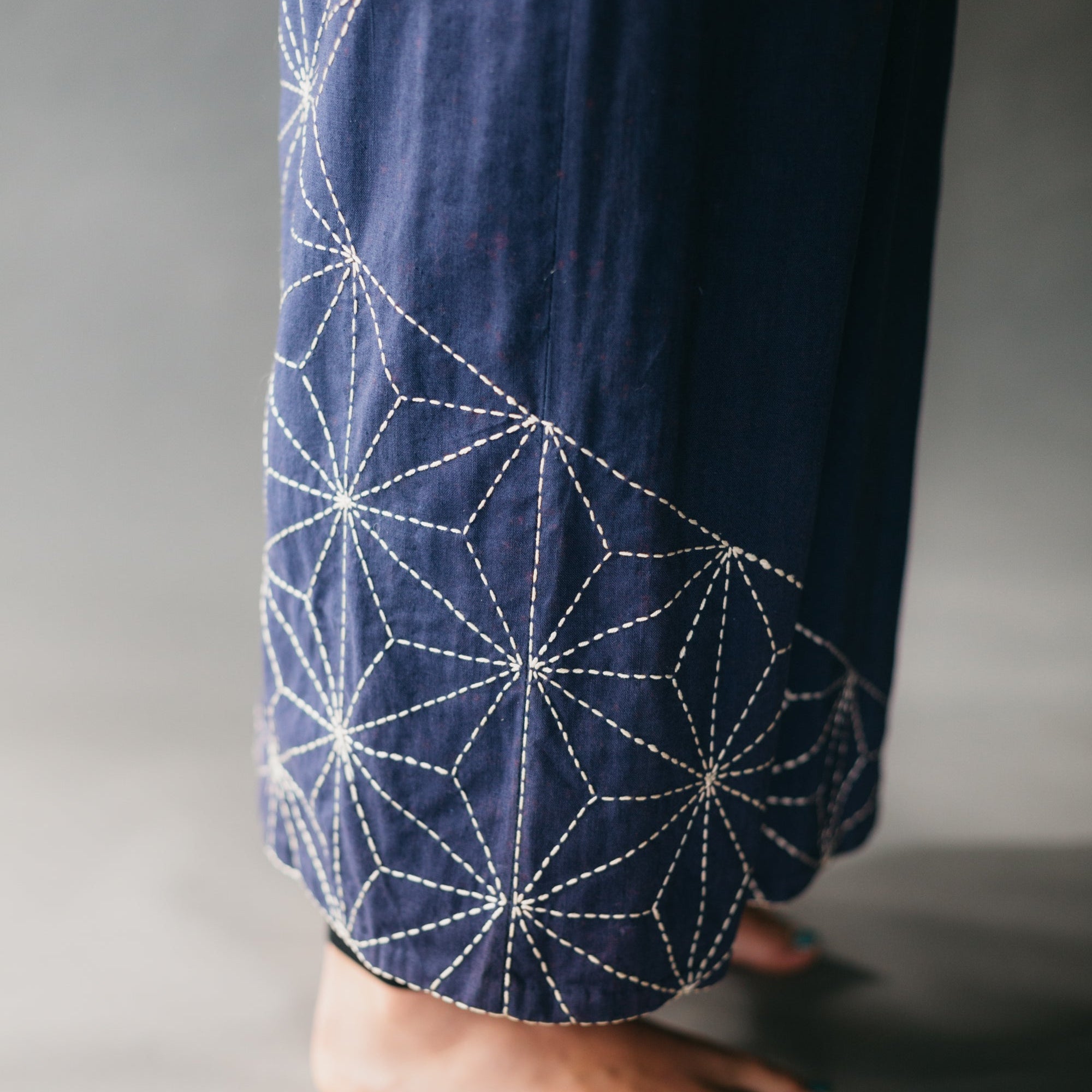 Close up photo of sashiko embroidery along bottom of kimono