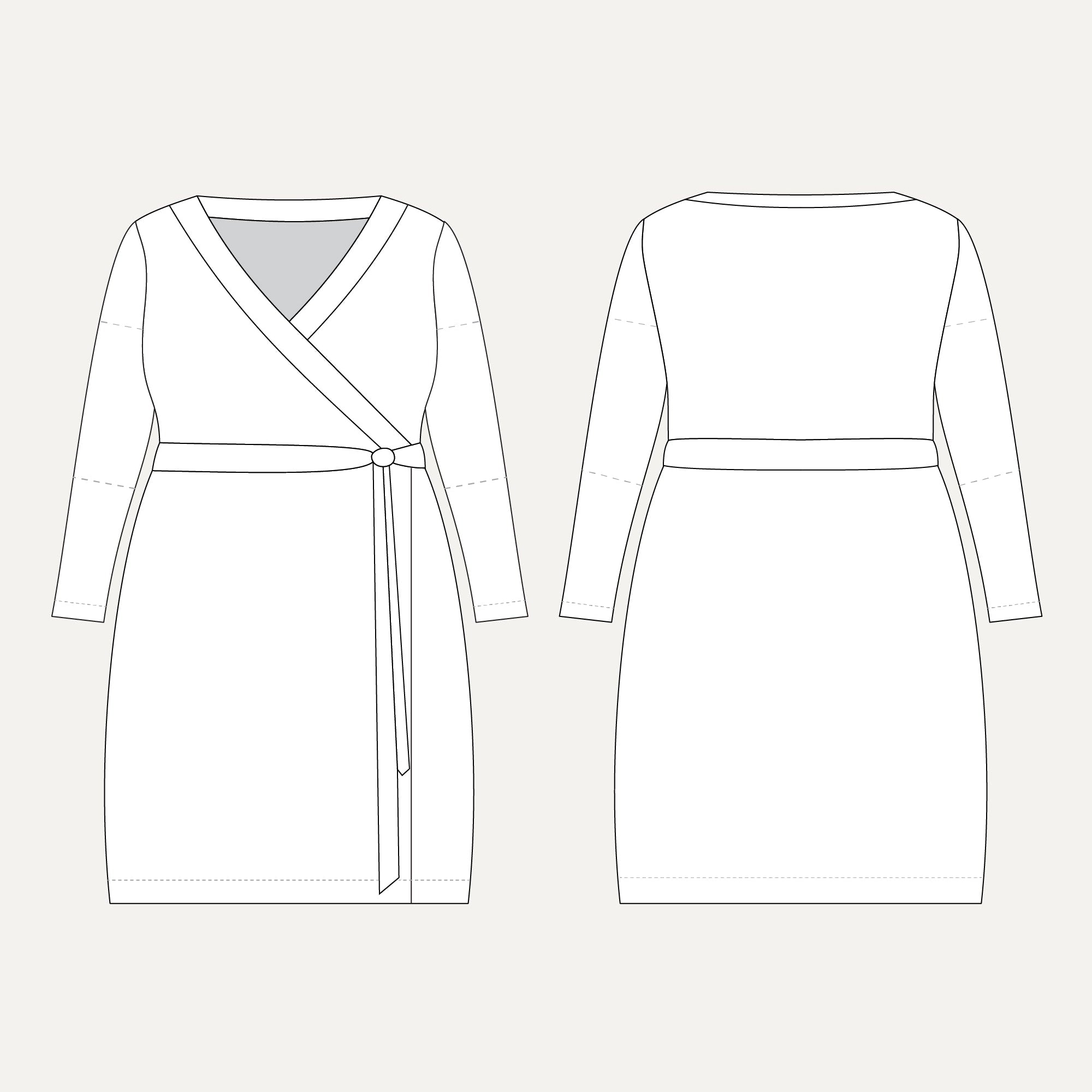 Line drawing of a wrap dress from front and back views on a white background. This dress is the Appleton Wrap Dress sewing pattern from Cashmerette.