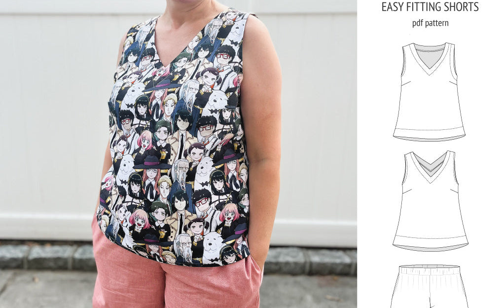 Byron v-neck tank top and easy fitting shorts set for woven fabrics (PDF)