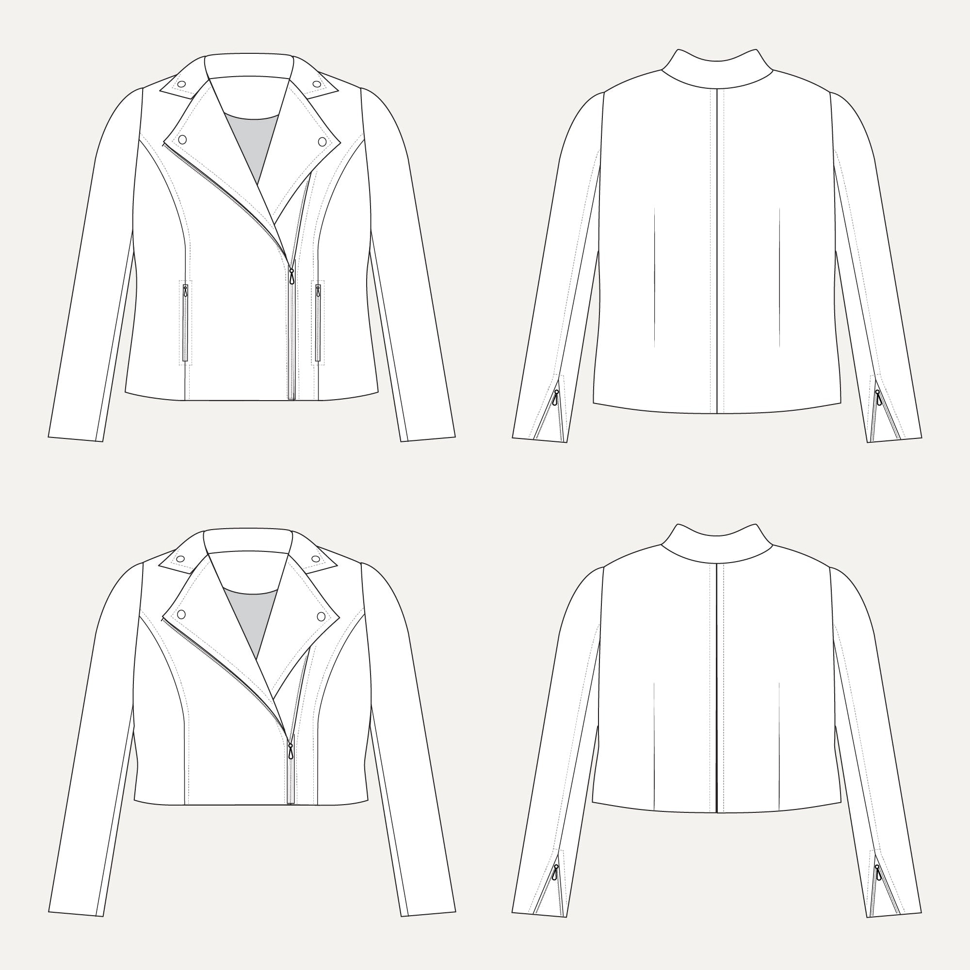 Line drawing of a jacket from multiple angles on a white background. This biker jacket is the Canton Moto Jacket sewing pattern from Cashmerette.