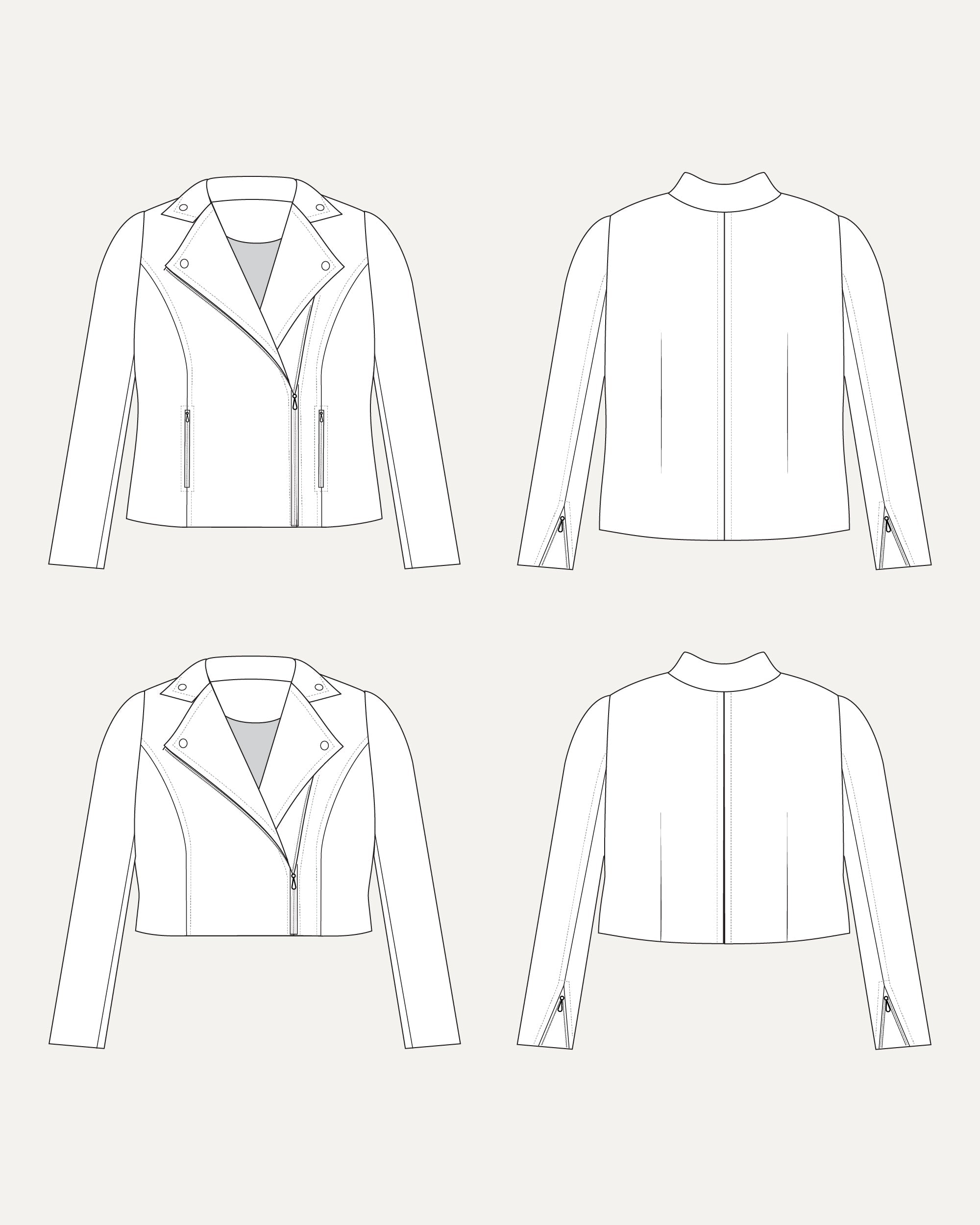 Line drawing of a jacket from multiple angles on a white background. This biker jacket is the Canton Moto Jacket sewing pattern from Cashmerette.