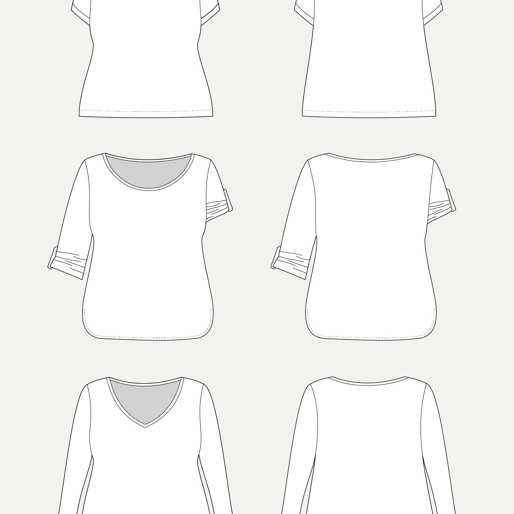 Line art of various t-shirt designs on a white background. This t-shirt is the Concord T-Shirt sewing pattern from Cashmerette.
