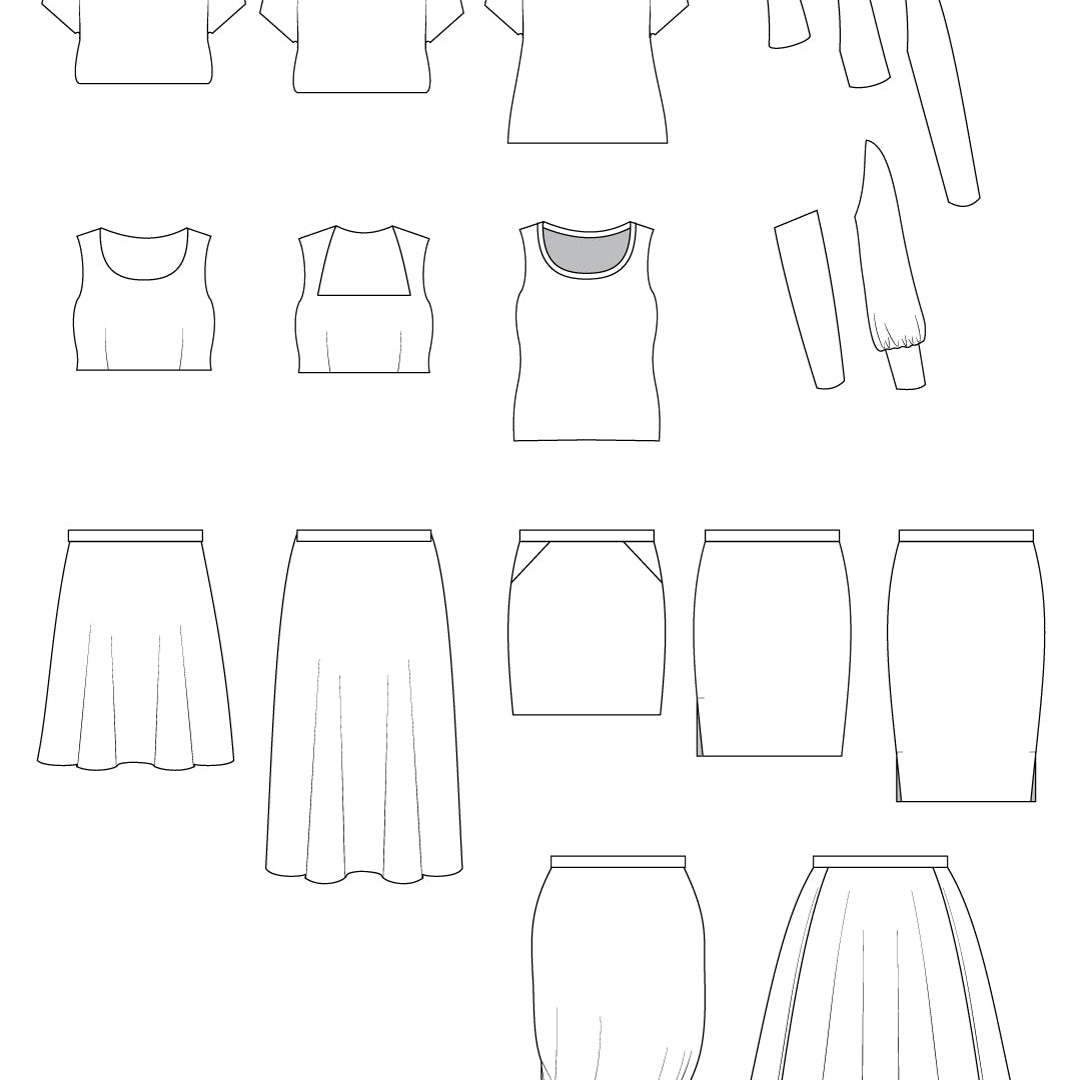 Line drawings of various clothing items including shirts, tops, and skirts on a white background.. This is the Grafton Dress, Top & Skirt sewing pattern from Cashmerette.