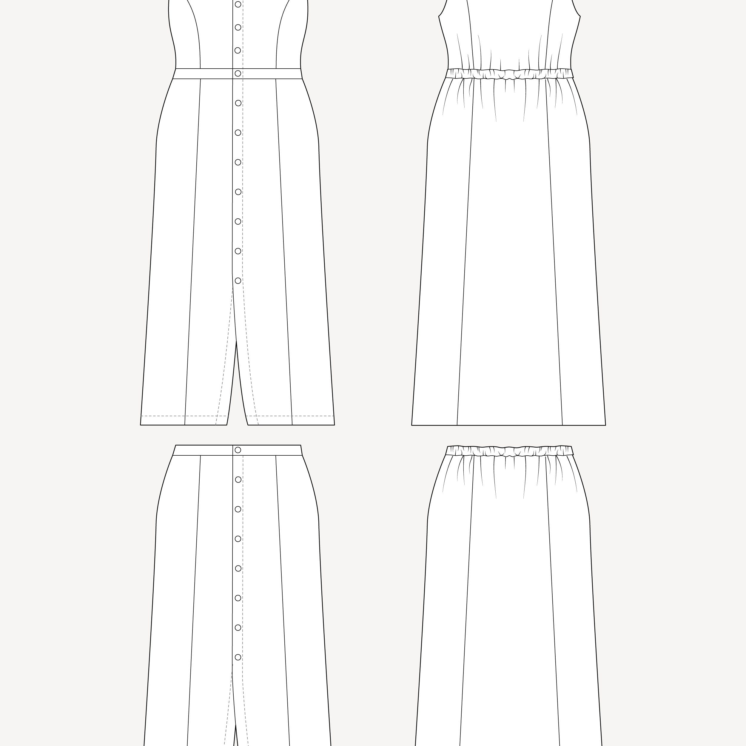 Line drawing of a dress and skirt on a white background. This is the Holyoke Maxi Dress & Skirt sewing pattern from Cashmerette.