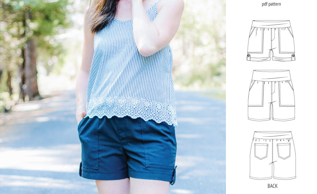 Pdf sewing pattern S1075 Jakarta woven shorts with pockets and yoga waistband by Sinclair Patterns