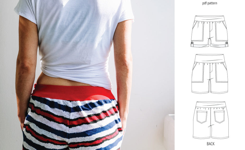 Pdf sewing pattern S1075 Jakarta woven shorts with pockets and yoga waistband by Sinclair Patterns