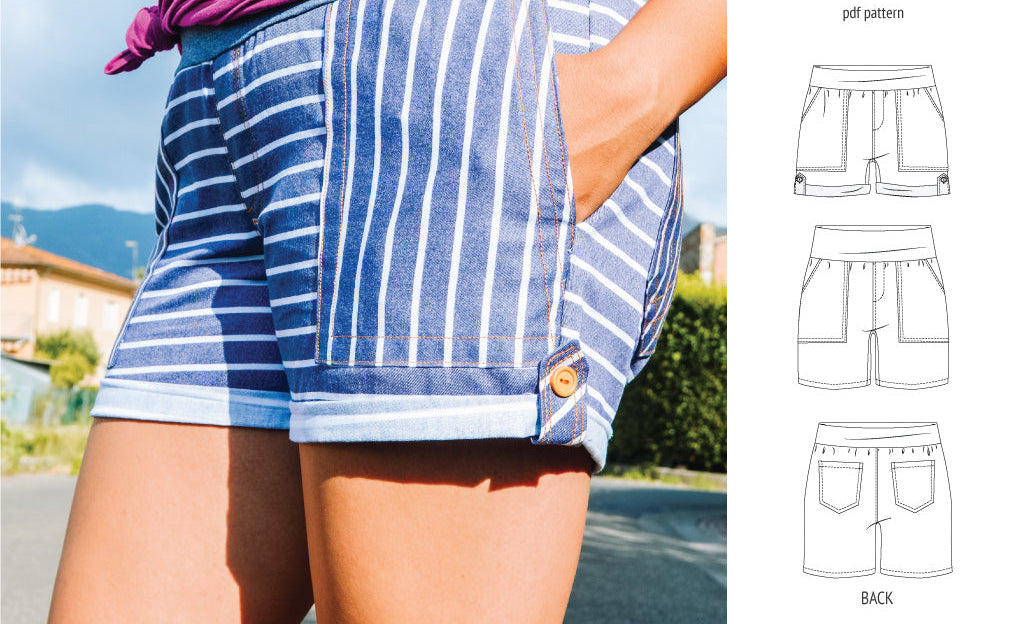 Pdf sewing pattern S1075 Jakarta woven shorts with pockets and yoga waistband by Sinclair Patterns