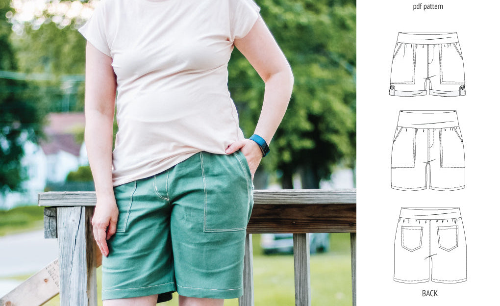 Pdf sewing pattern S1075 Jakarta woven shorts with pockets and yoga waistband by Sinclair Patterns