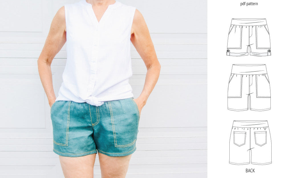 Pdf sewing pattern S1075 Jakarta woven shorts with pockets and yoga waistband by Sinclair Patterns