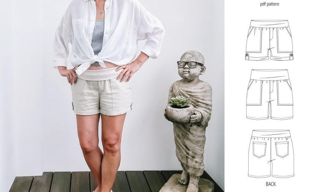 Pdf sewing pattern S1075 Jakarta woven shorts with pockets and yoga waistband by Sinclair Patterns