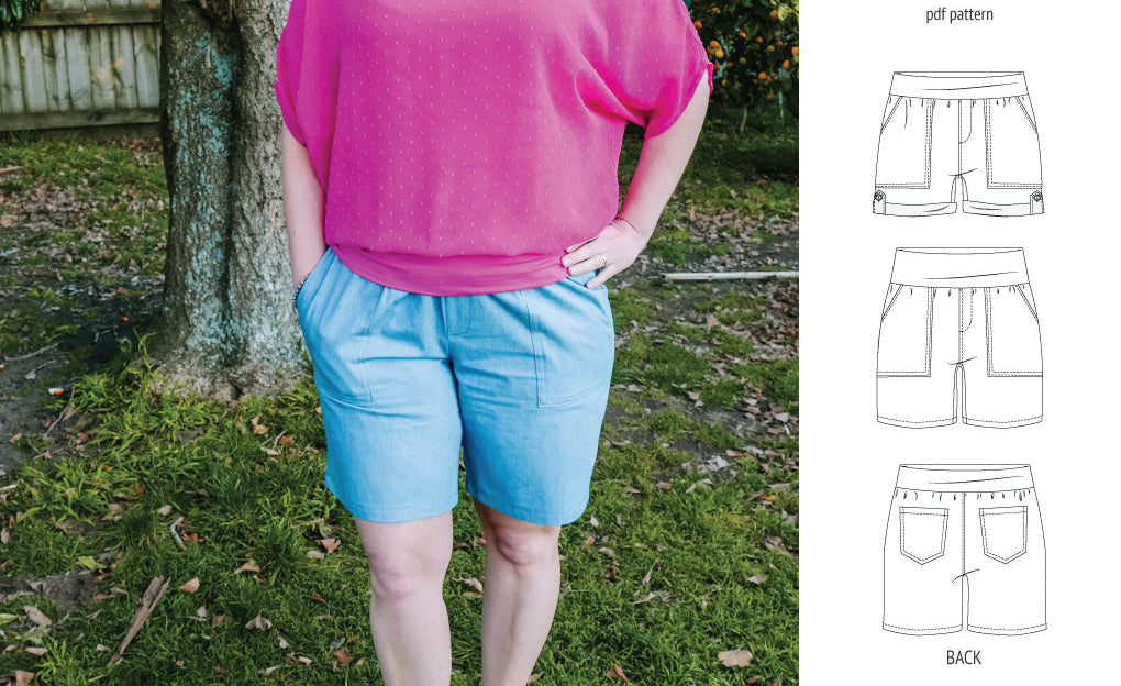 Pdf sewing pattern S1075 Jakarta woven shorts with pockets and yoga waistband by Sinclair Patterns