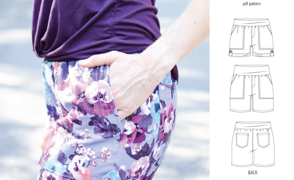 Pdf sewing pattern S1075 Jakarta woven shorts with pockets and yoga waistband by Sinclair Patterns