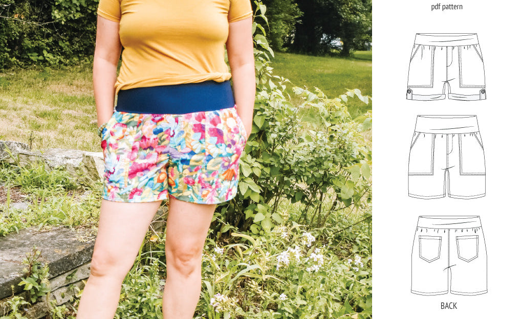 Pdf sewing pattern S1075 Jakarta woven shorts with pockets and yoga waistband by Sinclair Patterns