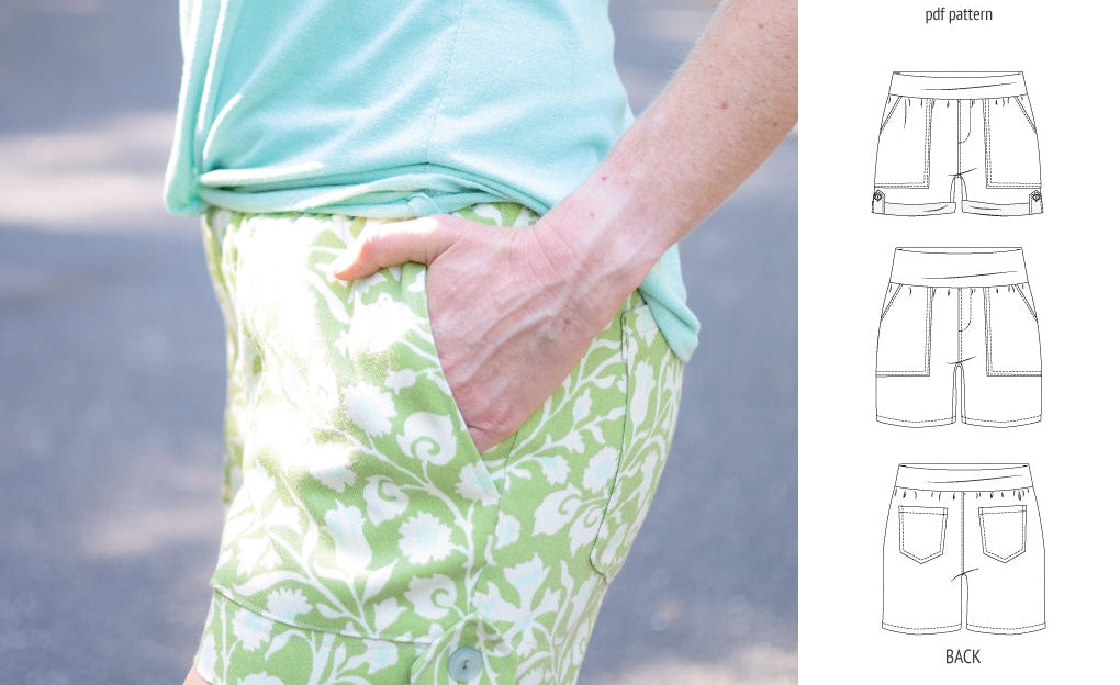 Pdf sewing pattern S1075 Jakarta woven shorts with pockets and yoga waistband by Sinclair Patterns