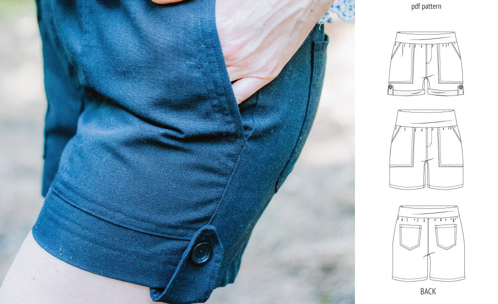 Pdf sewing pattern S1075 Jakarta woven shorts with pockets and yoga waistband by Sinclair Patterns
