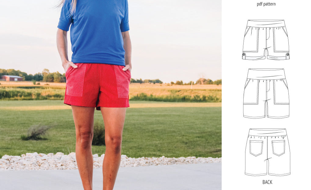Pdf sewing pattern S1075 Jakarta woven shorts with pockets and yoga waistband by Sinclair Patterns