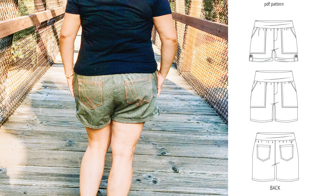 Pdf sewing pattern S1075 Jakarta woven shorts with pockets and yoga waistband by Sinclair Patterns