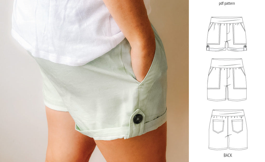 Pdf sewing pattern S1075 Jakarta woven shorts with pockets and yoga waistband by Sinclair Patterns