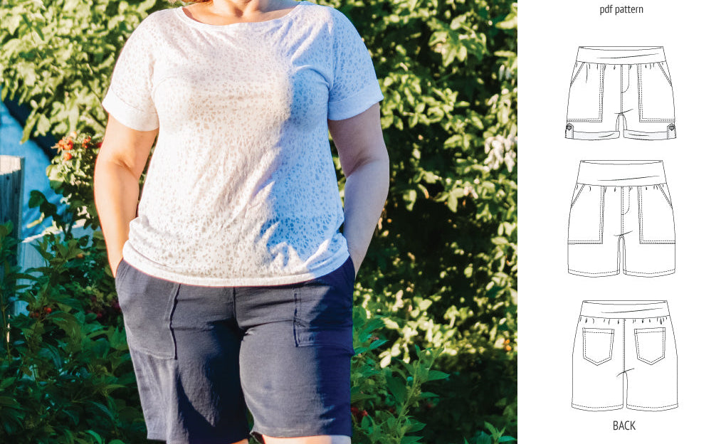 Pdf sewing pattern S1075 Jakarta woven shorts with pockets and yoga waistband by Sinclair Patterns