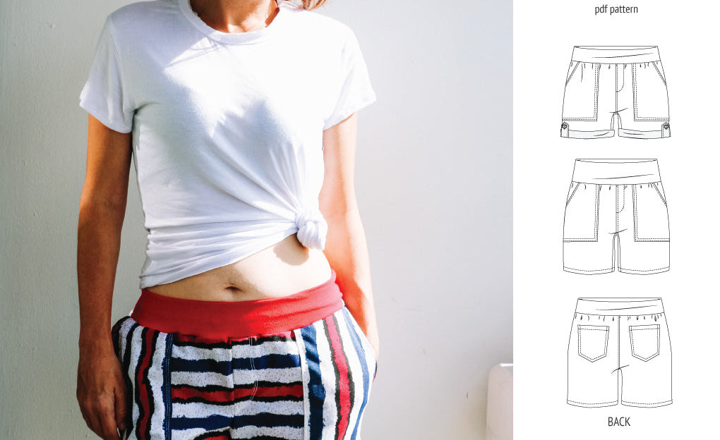 Pdf sewing pattern S1075 Jakarta woven shorts with pockets and yoga waistband by Sinclair Patterns