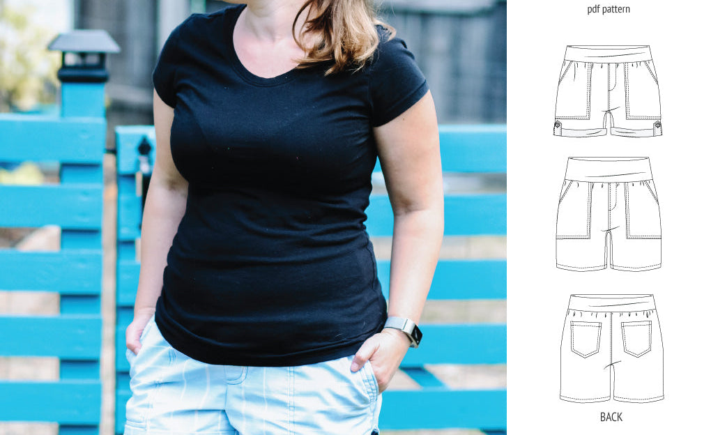 Pdf sewing pattern S1075 Jakarta woven shorts with pockets and yoga waistband by Sinclair Patterns