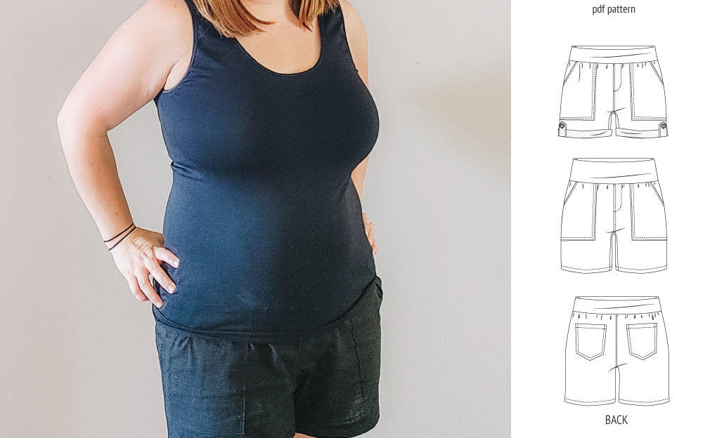 Pdf sewing pattern S1075 Jakarta woven shorts with pockets and yoga waistband by Sinclair Patterns