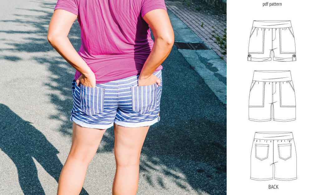 Pdf sewing pattern S1075 Jakarta woven shorts with pockets and yoga waistband by Sinclair Patterns