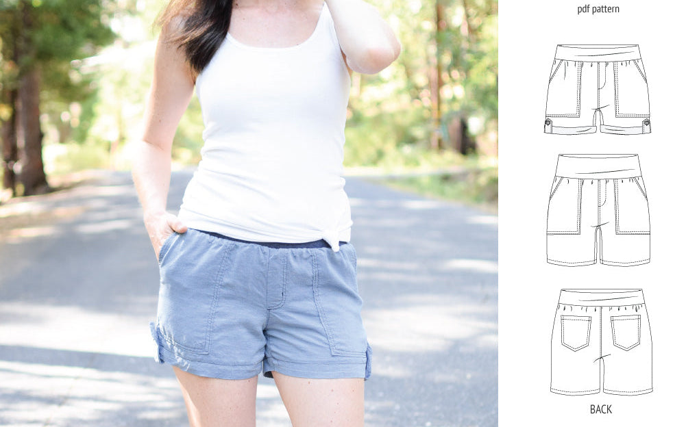Pdf sewing pattern S1075 Jakarta woven shorts with pockets and yoga waistband by Sinclair Patterns
