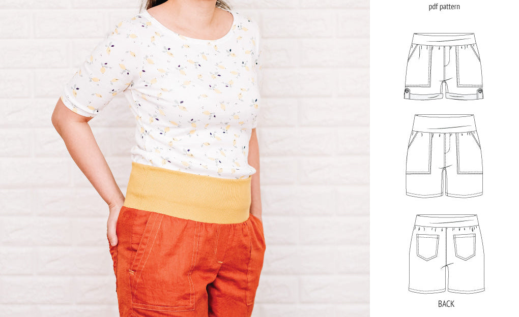 Pdf sewing pattern S1075 Jakarta woven shorts with pockets and yoga waistband by Sinclair Patterns
