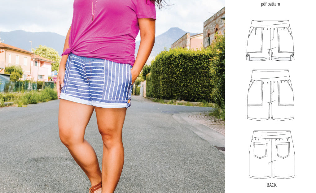 Pdf sewing pattern S1075 Jakarta woven shorts with pockets and yoga waistband by Sinclair Patterns