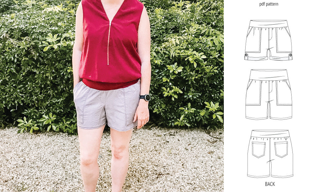 Pdf sewing pattern S1075 Jakarta woven shorts with pockets and yoga waistband by Sinclair Patterns