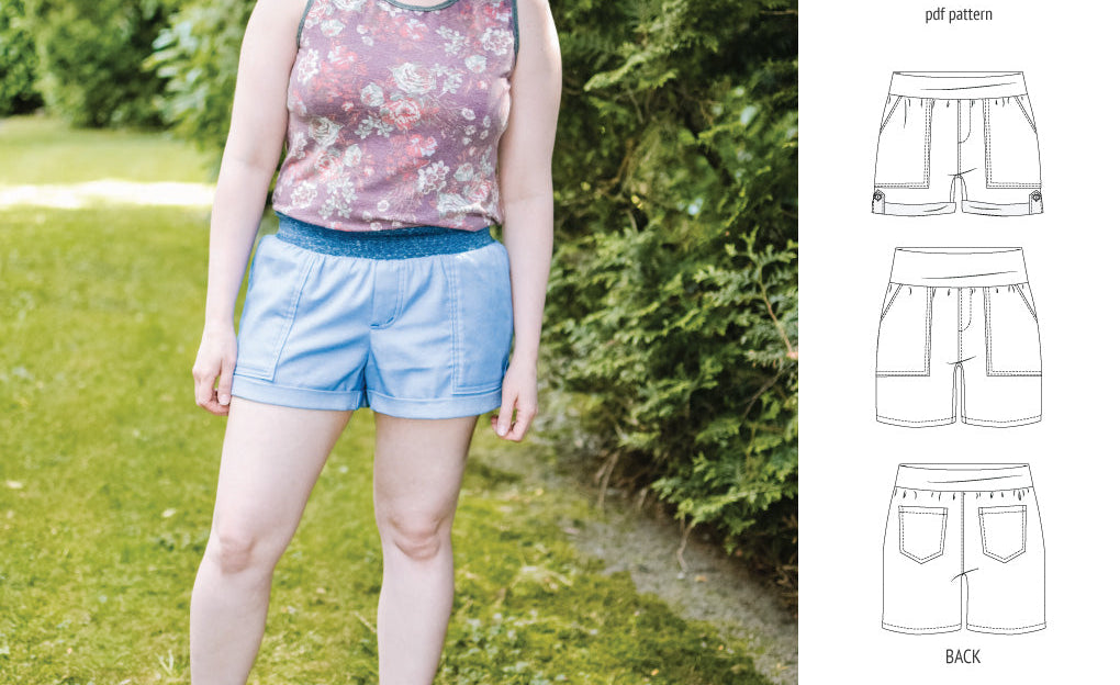 Pdf sewing pattern S1075 Jakarta woven shorts with pockets and yoga waistband by Sinclair Patterns