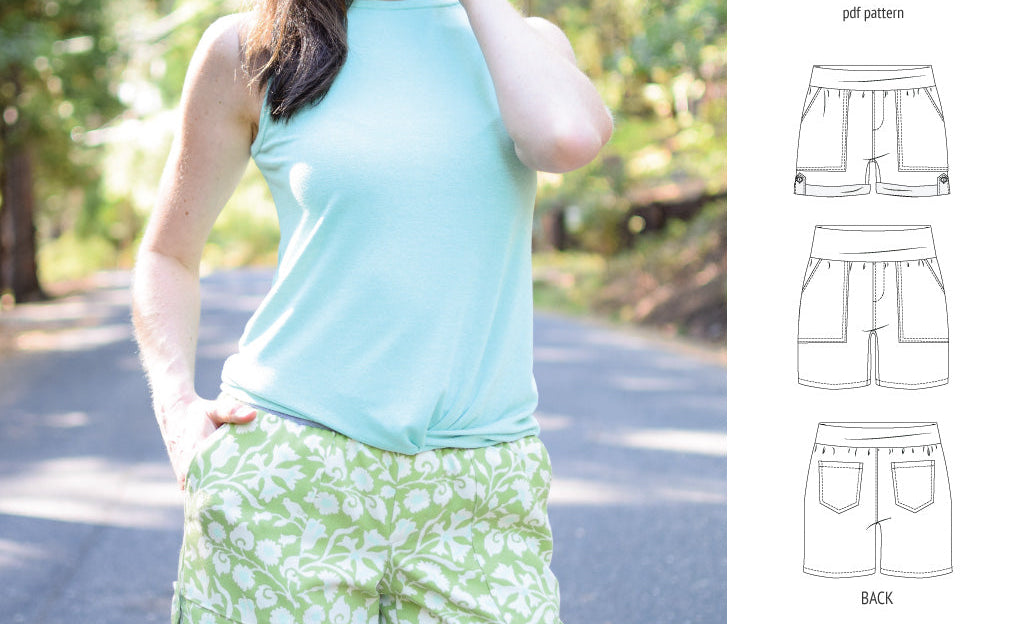 Pdf sewing pattern S1075 Jakarta woven shorts with pockets and yoga waistband by Sinclair Patterns
