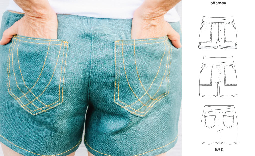 Pdf sewing pattern S1075 Jakarta woven shorts with pockets and yoga waistband by Sinclair Patterns