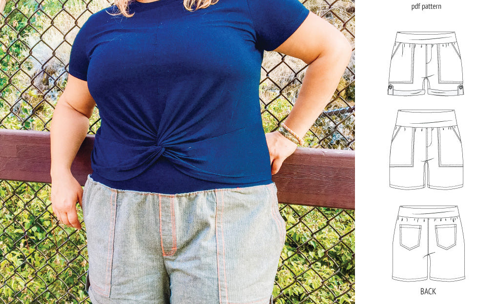 Pdf sewing pattern S1075 Jakarta woven shorts with pockets and yoga waistband by Sinclair Patterns