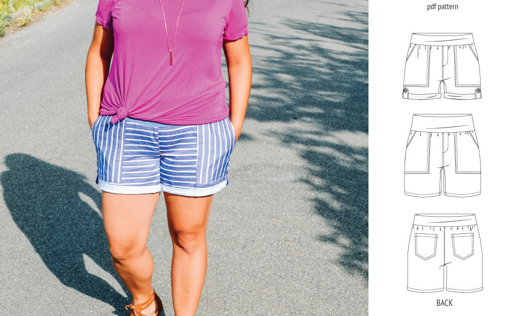 Pdf sewing pattern S1075 Jakarta woven shorts with pockets and yoga waistband by Sinclair Patterns
