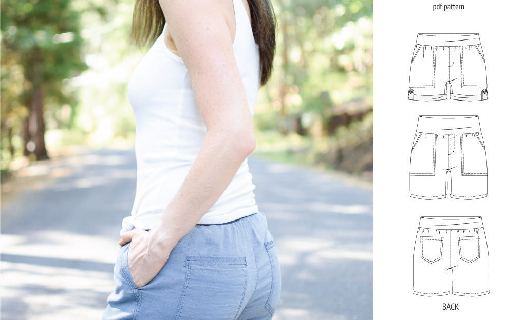 Pdf sewing pattern S1075 Jakarta woven shorts with pockets and yoga waistband by Sinclair Patterns