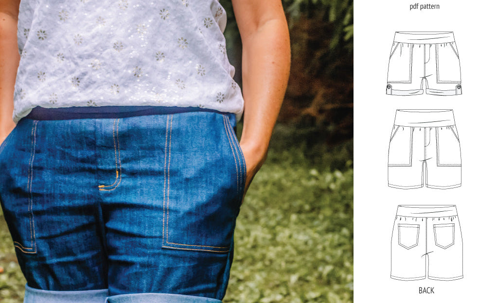 Pdf sewing pattern S1075 Jakarta woven shorts with pockets and yoga waistband by Sinclair Patterns