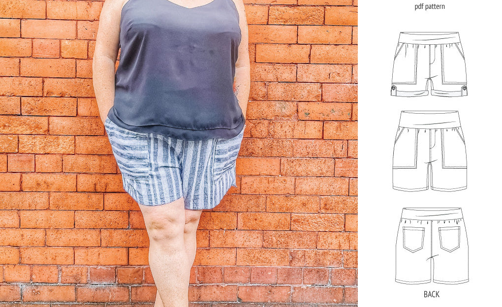 Pdf sewing pattern S1075 Jakarta woven shorts with pockets and yoga waistband by Sinclair Patterns