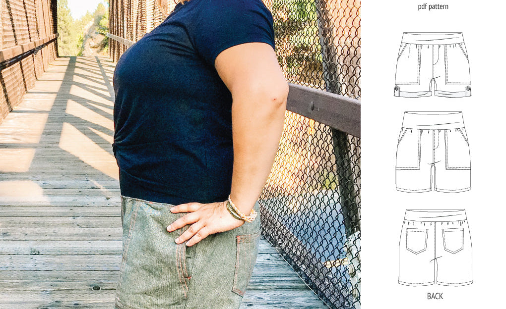 Pdf sewing pattern S1075 Jakarta woven shorts with pockets and yoga waistband by Sinclair Patterns