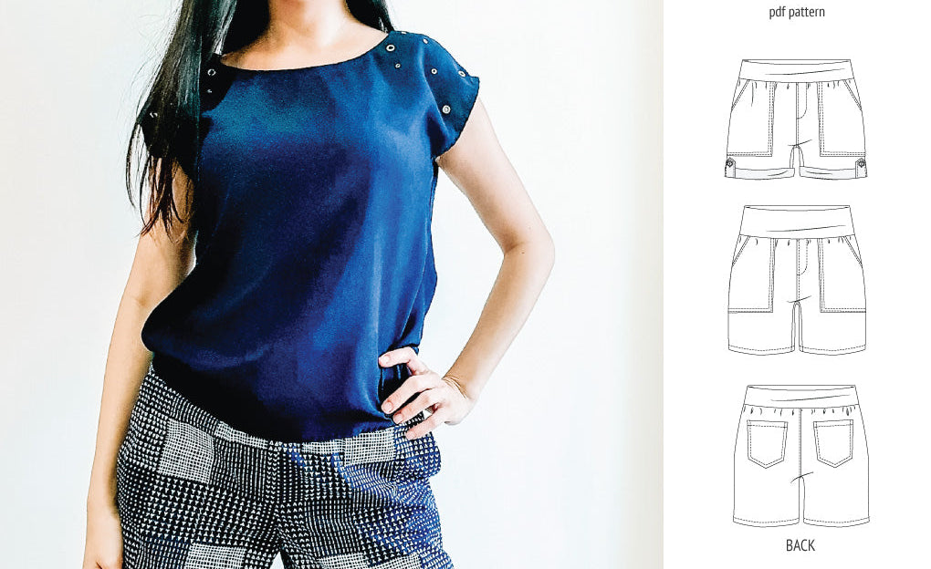 Pdf sewing pattern S1075 Jakarta woven shorts with pockets and yoga waistband by Sinclair Patterns