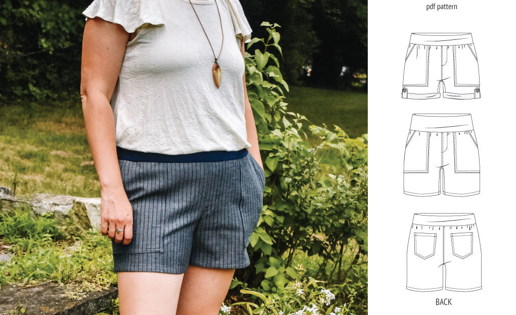 Pdf sewing pattern S1075 Jakarta woven shorts with pockets and yoga waistband by Sinclair Patterns