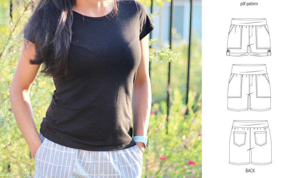 Pdf sewing pattern S1075 Jakarta woven shorts with pockets and yoga waistband by Sinclair Patterns