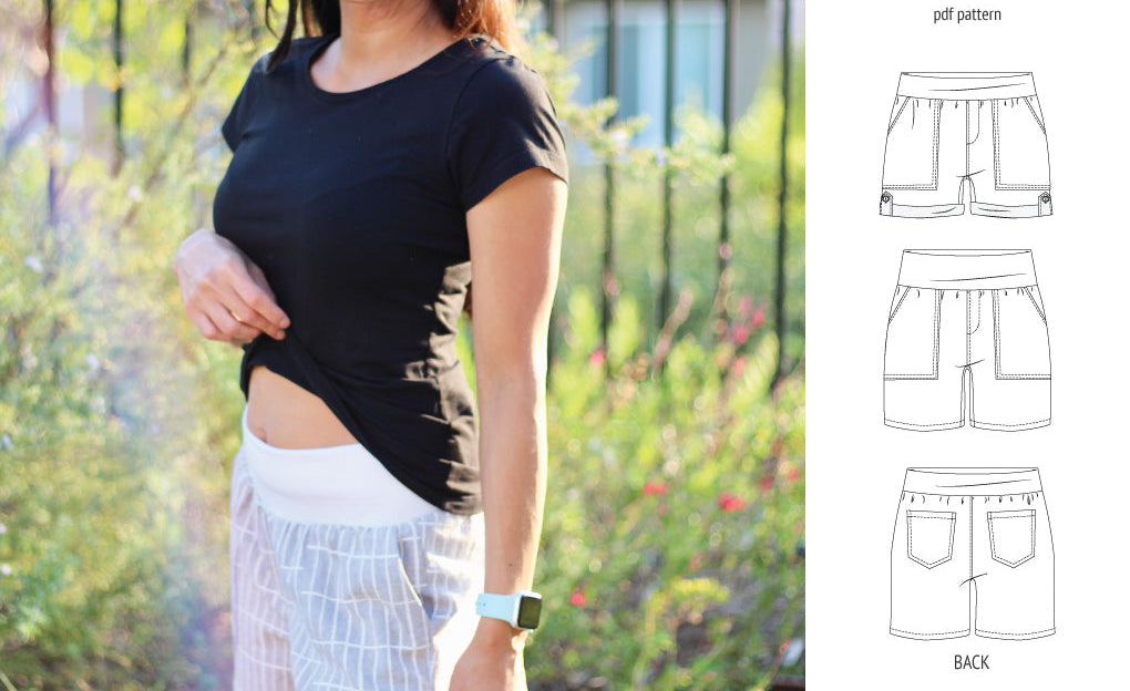 Pdf sewing pattern S1075 Jakarta woven shorts with pockets and yoga waistband by Sinclair Patterns
