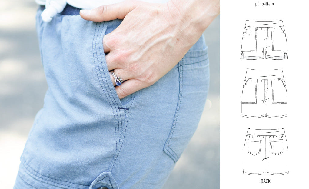 Pdf sewing pattern S1075 Jakarta woven shorts with pockets and yoga waistband by Sinclair Patterns